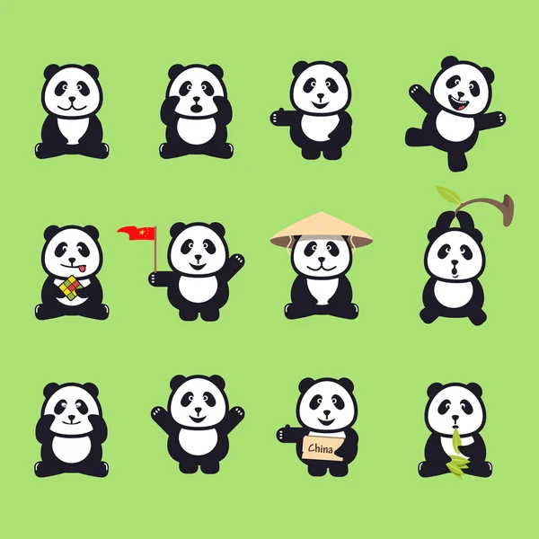 Набор милых смешных мультяшных панд. Векторная иллюстрация — стоковый вектор