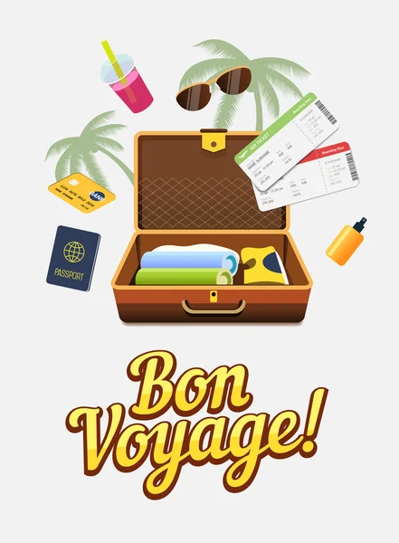 Voyage Vaction dans d'autres pays. Voyage monde. Vol. Tourisme. Bannière vectorielle colorée. Ouvre la valise avec des vêtements. Passeport et billets. Illustration itinérante. Conception plate . — Image vectorielle