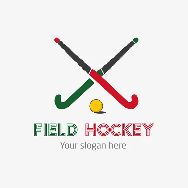 Logo del equipo de hockey sobre hierba. Insignia de club deportivo vectorial con dos palos y bola . — Archivo Imágenes Vectoriales