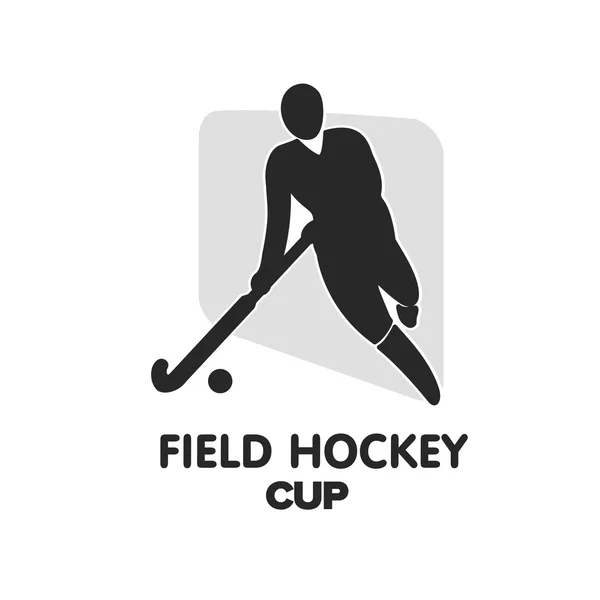 Veld hockey cup logo. Vector sport badge met man silhouet en stok. — Stockvector