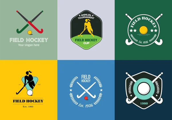 Juego de logo de hockey sobre césped. Insignias de deporte vectorial con silueta de mujer, palo y pelota de hockey . — Archivo Imágenes Vectoriales