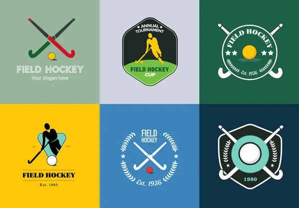 Juego de logo de hockey sobre césped. Insignias de deporte vectorial con silueta de hombre, palo y pelota de hockey — Archivo Imágenes Vectoriales