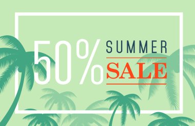vektör yaz satışı büyük başlığı. Palm siluet ve mavi arka plan üzerinde metin. Büyük indirim.