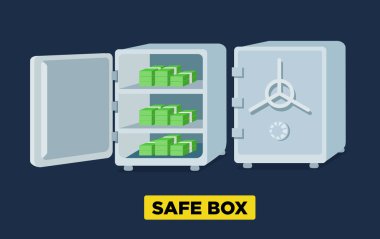 Vector flat safe boxes open and closed, locked with code lock, empty safe box. Isometric view. clipart