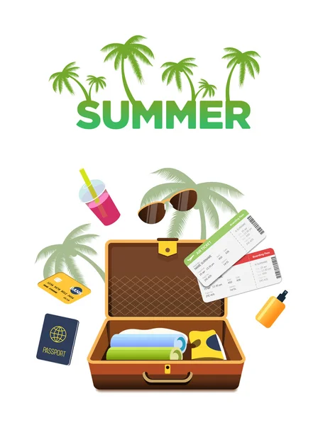 Flat design style travel luggage poster. Travel accessories. Summer logo or badge with palms. Vector banner. — Stock Vector