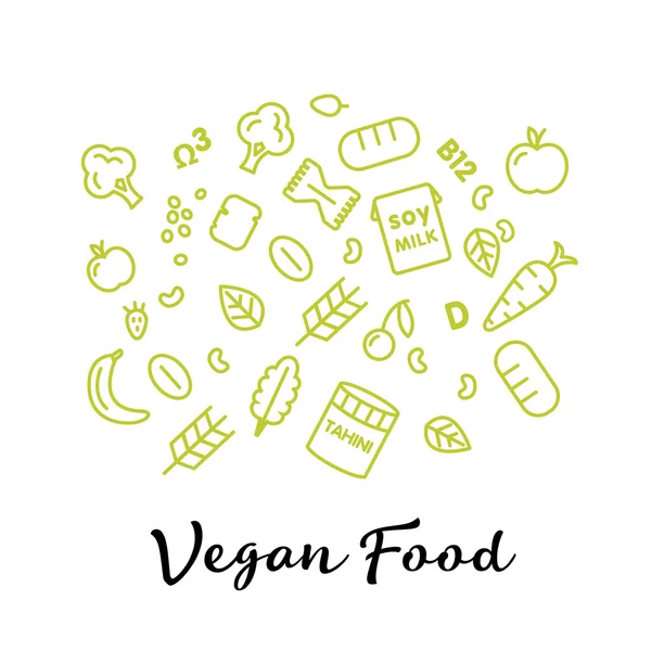 Set van de vegan eten iconen. Groenten en fruit. De pictogrammen van de dunne lijn. Hand getrokken typografie. — Stockvector