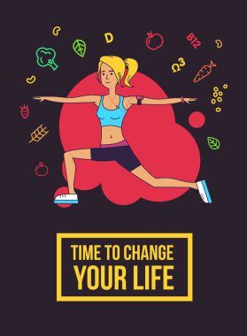 Fitness tipografik poster. Hayatını değiştirme vakti. İnce kız egzersizleri yapıyor. Motivasyon ve ilham illüstrasyon. Düz çizgili Tema.