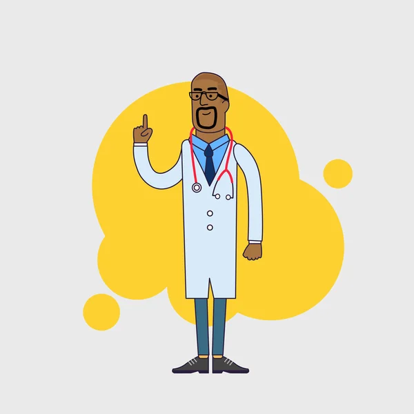 Vector character of happy black doctor in medical uniform. Physician in professional clothes. Flat line style design. — Stock Vector