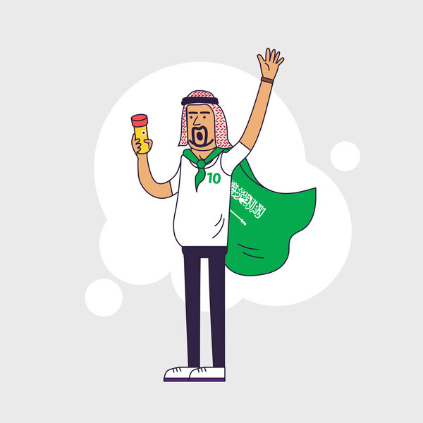 Fan of Saudi Arabia national football team, sports. Character with flag in the national colors. Flat line style design.