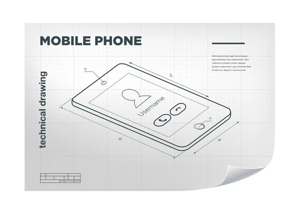Műszaki illusztráció támaszkodva a fehér blueprint mobiltelefon. — Stock Vector