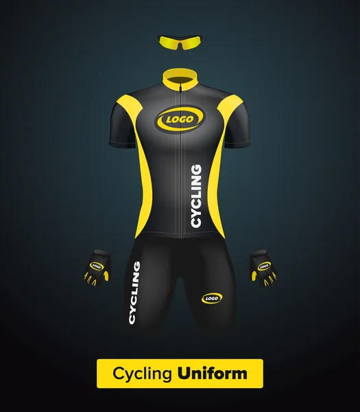 Modelo uniforme de ciclismo vetorial realista. Preto e amarelo. Um modelo de marca. Bicicleta ou bicicleta roupas e equipamentos. Kit especial: camisa de manga curta, luvas e óculos de sol. Vista frontal . —  Vetores de Stock