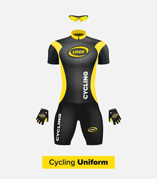 Modelo uniforme de ciclismo vetorial realista. Preto e amarelo. Um modelo de marca. Bicicleta ou bicicleta roupas e equipamentos. Kit especial: camisa de manga curta, luvas e óculos de sol. Vista frontal —  Vetores de Stock