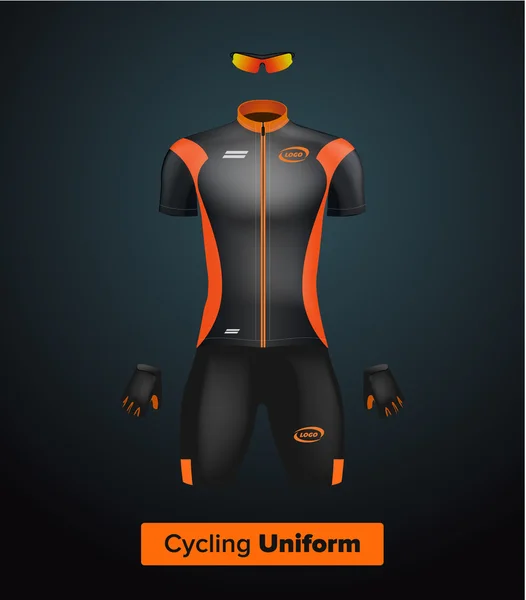 Modelo uniforme de ciclismo vetorial realista. Preto e laranja. Um modelo de marca. Bicicleta ou bicicleta roupas e equipamentos. Kit especial: camisa de manga curta, luvas e óculos de sol. Vista frontal . — Vetor de Stock