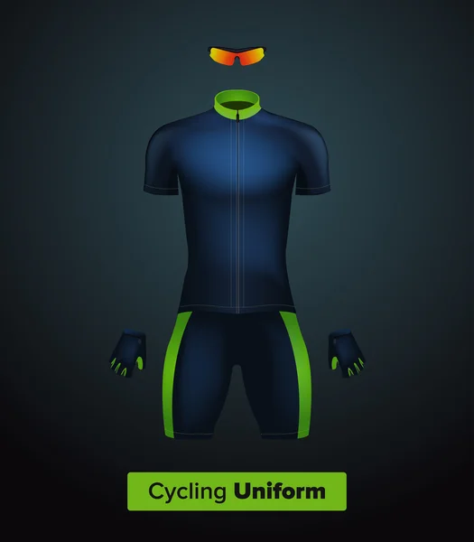 Modelo uniforme de ciclismo vetorial realista. Azul e verde. Um modelo de marca. Bicicleta ou bicicleta roupas e equipamentos. Kit especial: camisa de manga curta, luvas e óculos de sol. Vista frontal . — Vetor de Stock