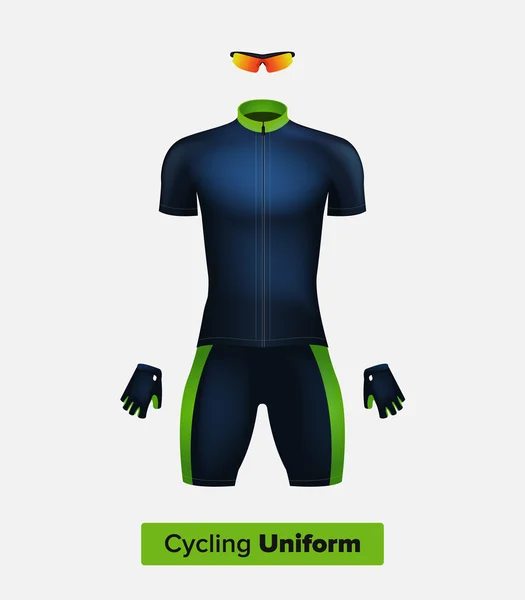 Reális vektor kerékpáros egységes sablon. Kék és zöld. Branding makett. És kerékpár ruházat és felszerelés. Speciális készlet: rövid ujjú póló, a kesztyű és a napszemüveg. Elölnézet. — Stock Vector