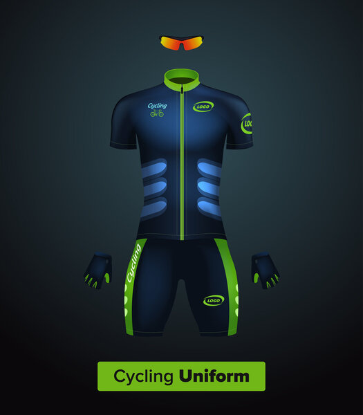 Realistic vector cycling uniform template. Blue and green. Branding mockup. Bike or Bicycle clothing and equipment. Special kit: short sleeve jersey, gloves and sunglasses. Front view.