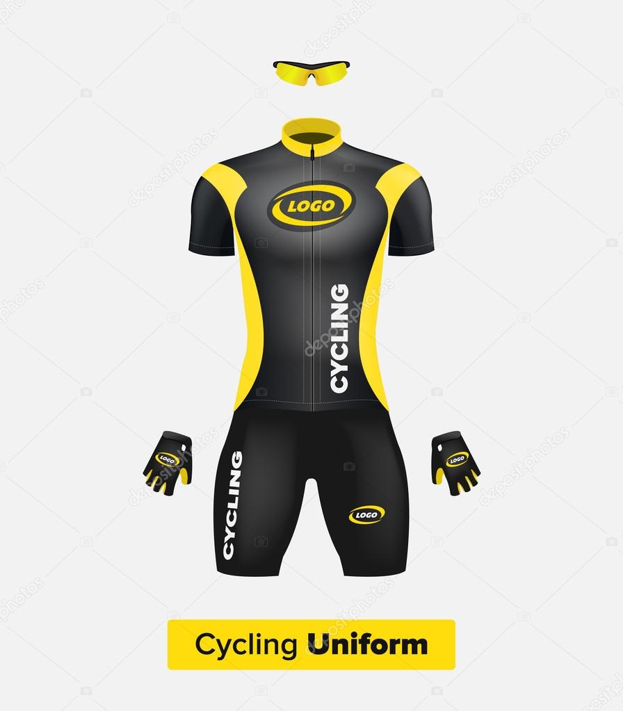 Download Realistic Vector Cycling Uniform Template Black And Yellow Branding Mockup Bike Or Bicycle Clothing And Equipment Special Kit Short Sleeve Jersey Gloves And Sunglasses Front View Stock Vector Image By C Iam Frukt 119375190