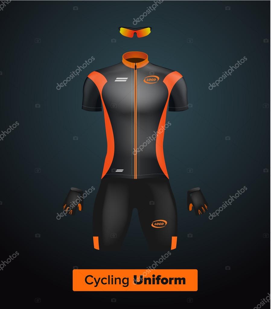 Download Realistic Vector Cycling Uniform Template Black And Orange Branding Mockup Bike Or Bicycle Clothing And Equipment Special Kit Short Sleeve Jersey Gloves And Sunglasses Front View Vector Image By C Iam Frukt