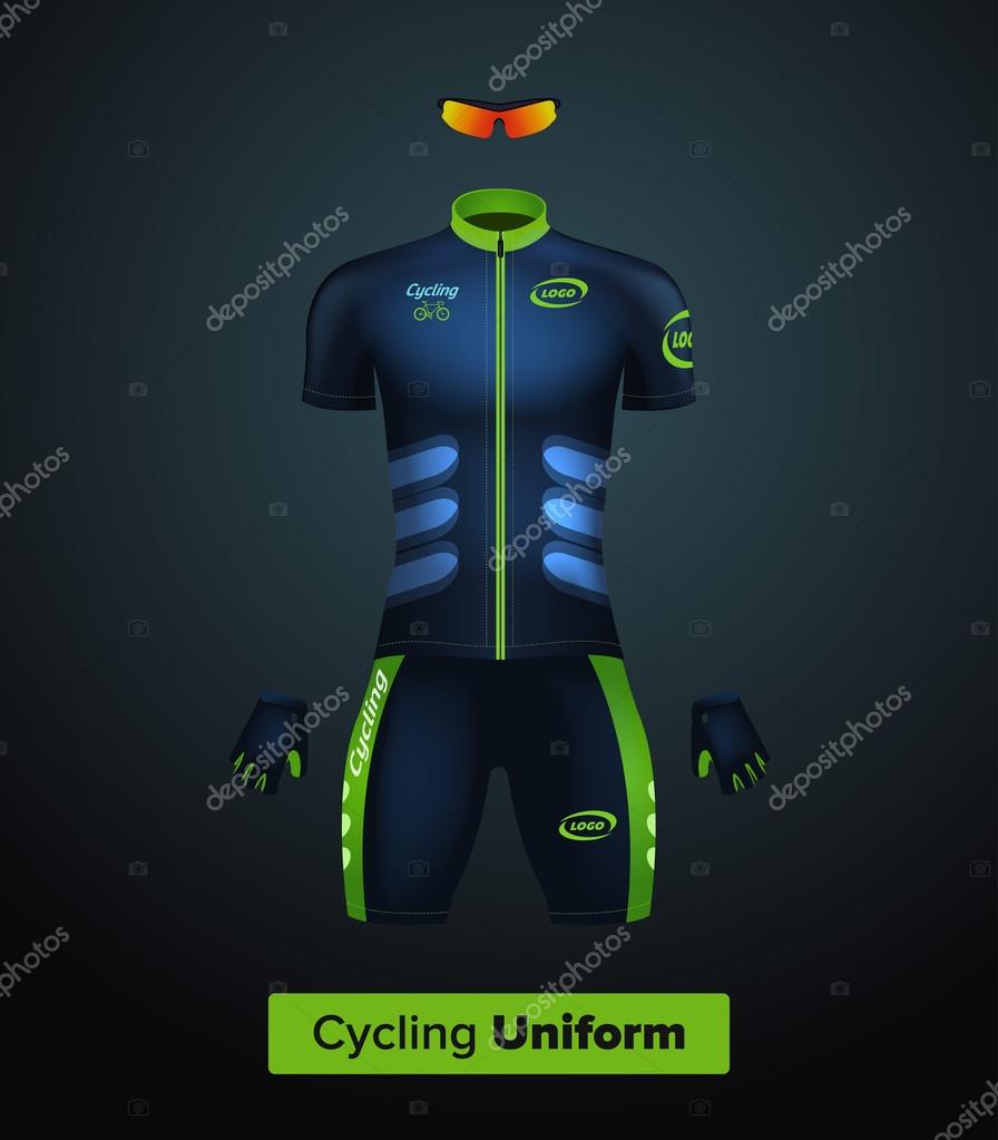 Download Realistic Vector Cycling Uniform Template Blue And Green Branding Mockup Bike Or Bicycle Clothing And Equipment Special Kit Short Sleeve Jersey Gloves And Sunglasses Front View Vector Image By C Iam Frukt