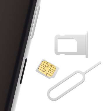 Smartphone, küçük Nano SIM kart, SIM tepsisi kartı ve Pin dışarı atmak. Vektör nesneleri üzerinde beyaz izole. Gerçekçi vektör simgeler. Üstten Görünüm.