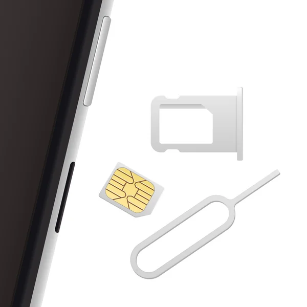 Smartphone, Small Nano Sim Card, Sim Card Tray e Eject Pin. Objetos vetoriais isolados em branco. Ícones vetoriais realistas. Vista superior . — Vetor de Stock