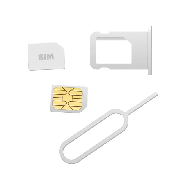 Kleine Nano-SIM-Karte, SIM-Karten-Tablett und Auswurfstift für Smartphone. Vektorobjekte isoliert auf weiß. realistische Vektorsymbole. Ansicht von oben. — Stockvektor