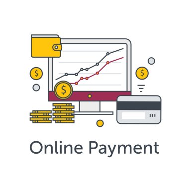 Düz ince çizgi simgeler kümesi. E-ticaret veya ödeme online illüstrasyon. Grafik, paralar, m-cüzdan ve kredi kartı ile izlemek.