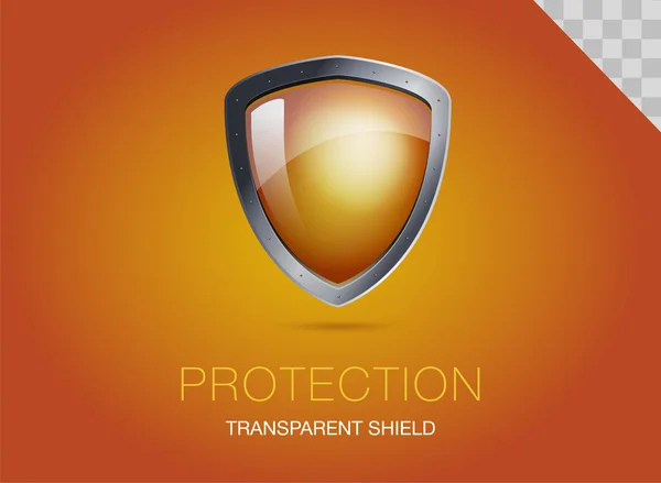 Escudo de metal realista com vidro blindado transparente. Ilustração vetorial de uma proteção ou segurança. Fundo laranja . — Vetor de Stock