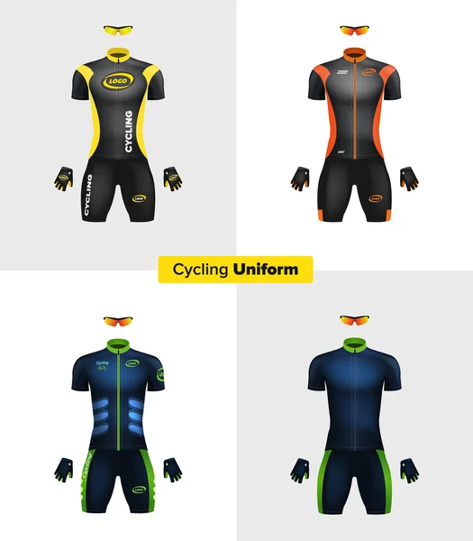 Uniformes de ciclismo vetorial realista. Um modelo de marca. Bicicleta ou bicicleta roupas e equipamentos. Kit especial: camisa de manga curta, luvas e óculos de sol. Vista frontal . — Vetor de Stock