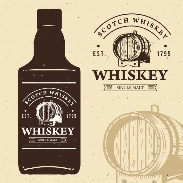 Tipografía etiqueta vintage monocromo con silueta de botella. Logo whisky escocés. Ilustración del barril de whisky de roble. Diseño de estilo retro . — Vector de stock