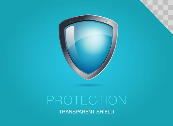 Escudo de metal realista com vidro blindado transparente. Ilustração vetorial de uma proteção ou segurança. Fundo azul . — Vetor de Stock