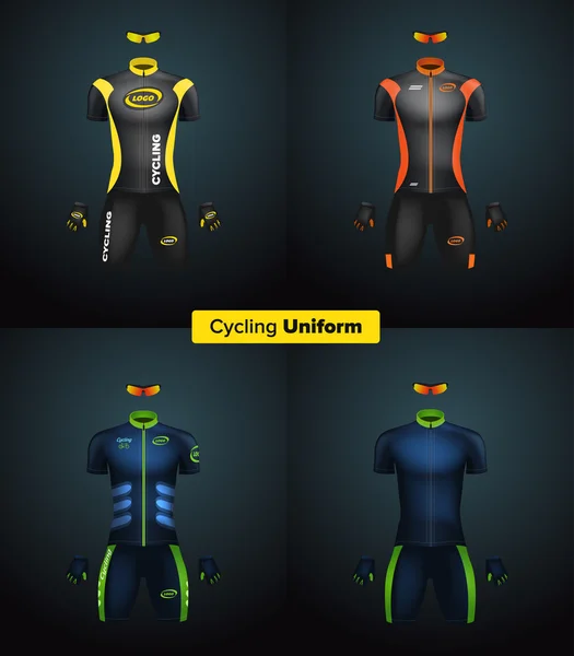 Uniformes de cyclisme vectoriel réalistes. Modélisation de la marque. Vêtements et équipements de vélo ou de vélo. Kit spécial : maillot manches courtes, gants et lunettes de soleil. Vue de face — Image vectorielle