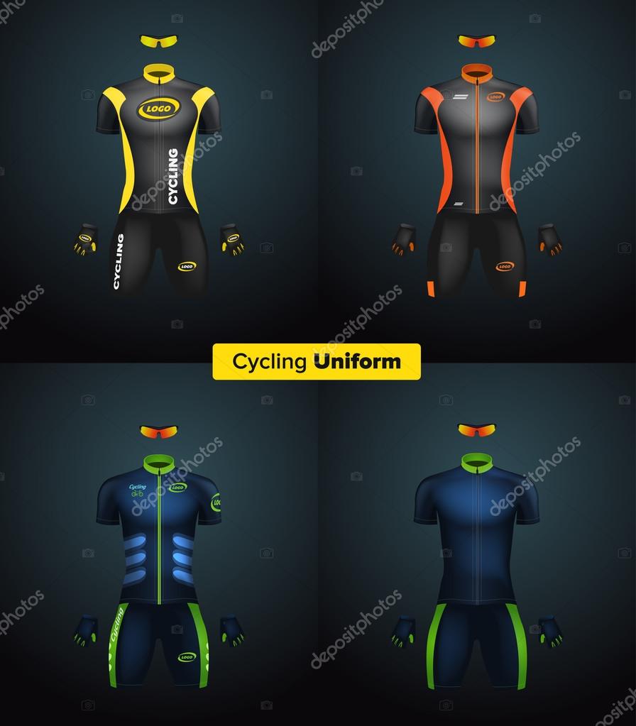 Download Realistic Vector Cycling Uniforms Branding Mockup Bike Or Bicycle Clothing And Equipment Special Kit Short Sleeve Jersey Gloves And Sunglasses Front View Stock Vector Royalty Free Vector Image By C Iam Frukt 120889200