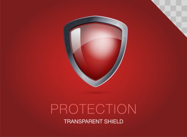 Şeffaf Zırhlı cam ile gerçekçi metal kalkan. Bir koruma veya güvenlik vektör Illustration. Kırmızı bir arka plan.