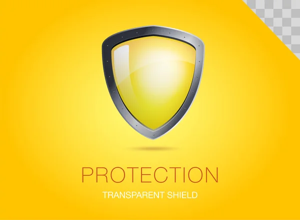 Escudo de metal realista com vidro blindado transparente. Ilustração vetorial de uma proteção ou segurança. Fundo amarelo . — Vetor de Stock