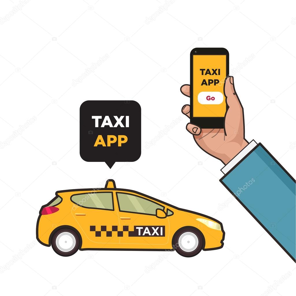 Taxi service app. Hand with smartphone and touchscreen. Taxi car and city skyscrapers. Vector flat illustration. Pop art style.
