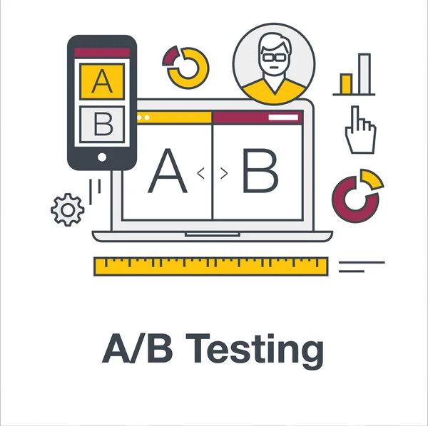 Thin line flat icon banner for AB testing, split comparison web design. Веб-маркетинг, анализ веб-сайта на ноутбуке и смартфоне. Современная векторная иллюстрация — стоковый вектор