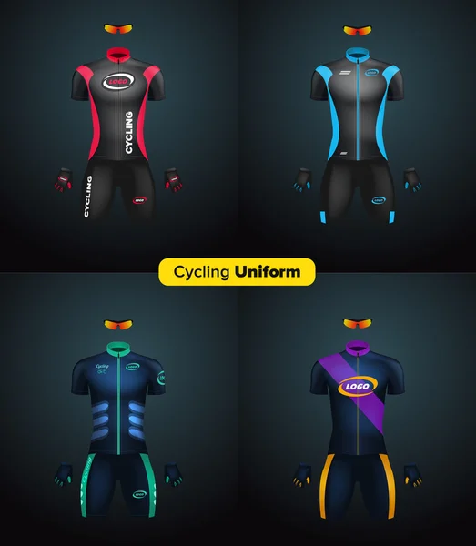 Uniformes de ciclismo vetorial realista. Um modelo de marca. Bicicleta ou bicicleta roupas e equipamentos. Kit especial: camisa de manga curta, luvas e óculos de sol. Vista frontal — Vetor de Stock