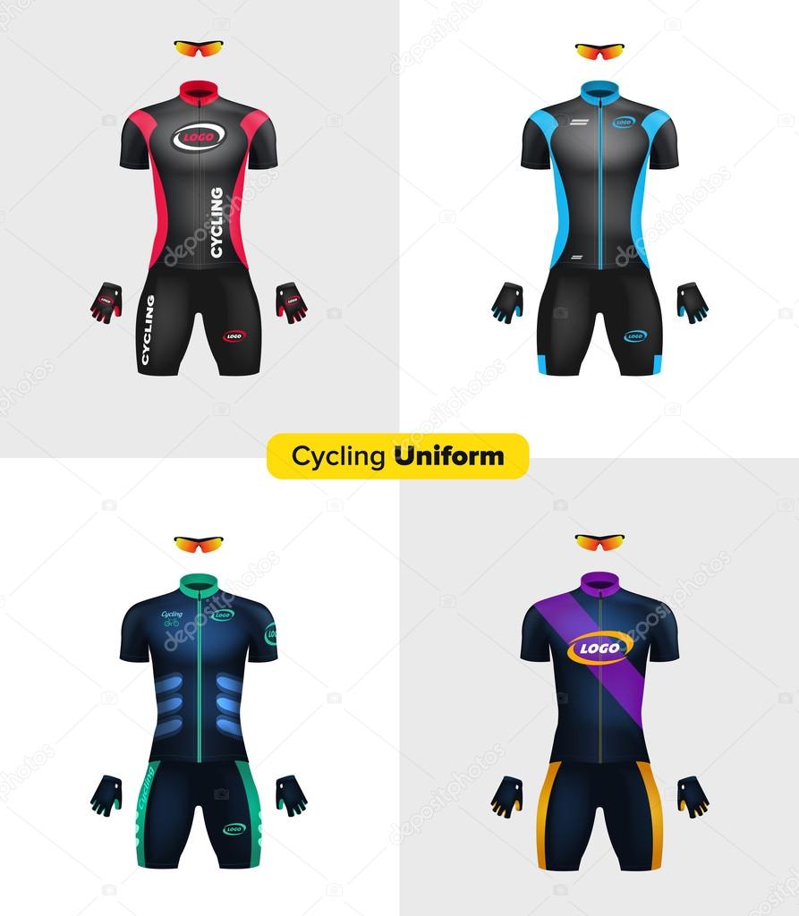 Realistic vector cycling uniforms. Branding mockup. Bike or Bicycle clothing and equipment. Special kit: short sleeve jersey, gloves and sunglasses. Front view