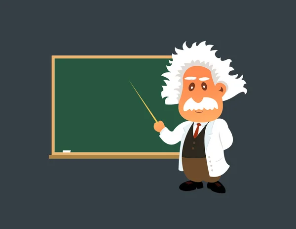 Öreg professzor mutat valamit a zöld táblán — Stock Vector