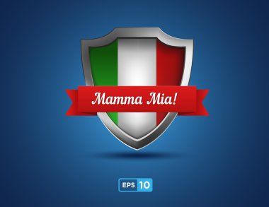 Mavi arka plan üzerinde kırmızı kurdele Mamma Mia ile İtalya kalkan