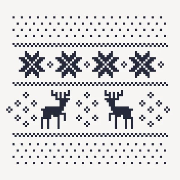 Jul vinter mönster utskrift för tröja eller t-shirt. Pixel hjortar och snöflingor på den vita bakgrunden — Stock vektor