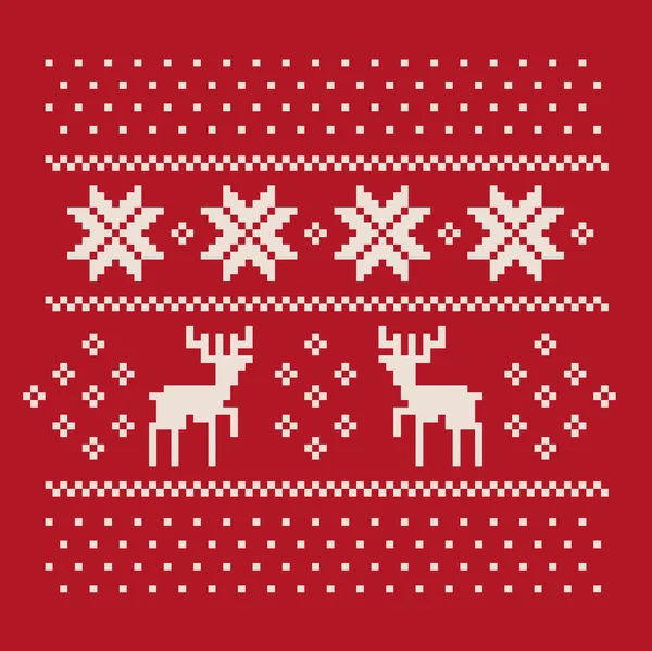 Noel kış desen jersey veya t-shirt için yazdırma. Piksel geyikler ve kırmızı zemin üzerine kar taneleri