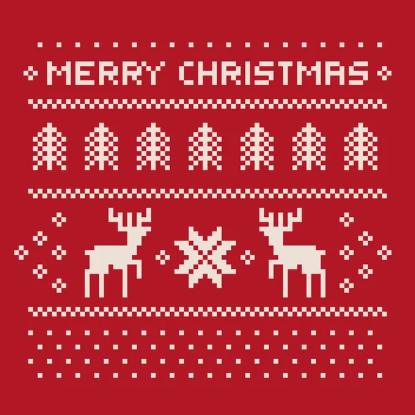 Weihnachten Winter Muster Print für Jersey oder T-Shirt. Pixel-Hirsche und Weihnachtsbäume auf rotem Hintergrund — Stockvektor