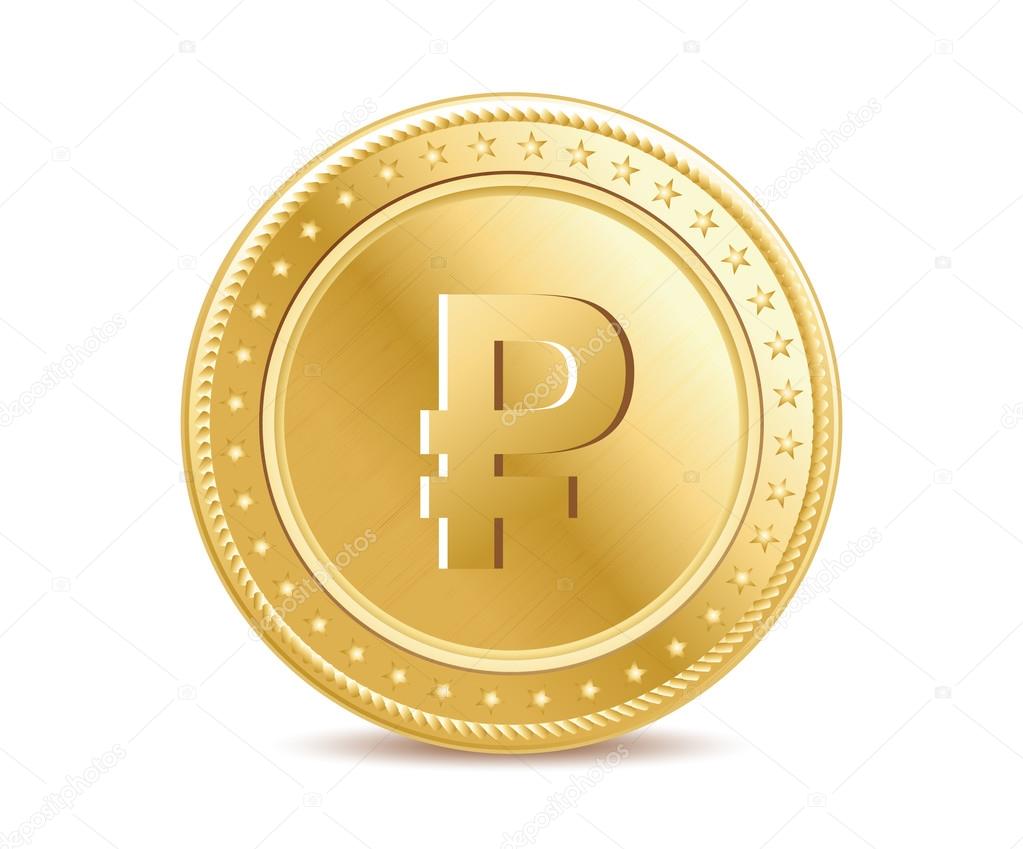 Golden isolated ruble coin on the white background