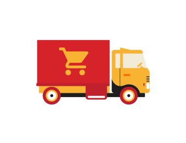 Beyaz arka plan üzerinde izole sepeti simgesi olan kırmızı retro vintage teslimat kamyonu