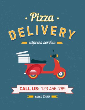 Vintage pizza teslim poster ile eski tipografi ve kırmızı Moto dili bisiklet