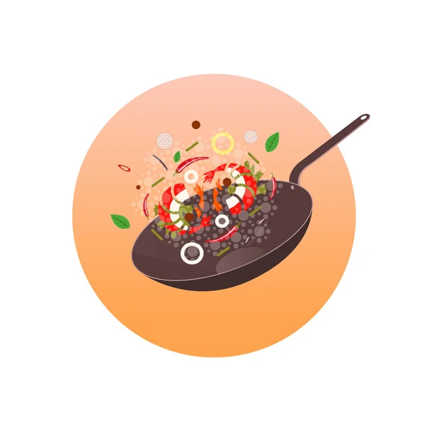 Wok illustration. Asian frying pan. Concept illustration for restaurant — Stock Vector