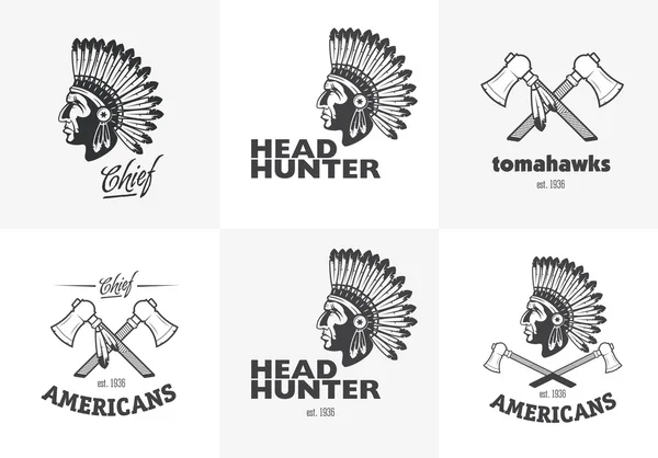 Conjunto de emblemas indianos americanos, rótulos, emblemas, logotipos — Vetor de Stock