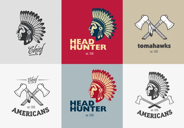 Set of american indian emblems, labels, badges, logos — Stock Vector